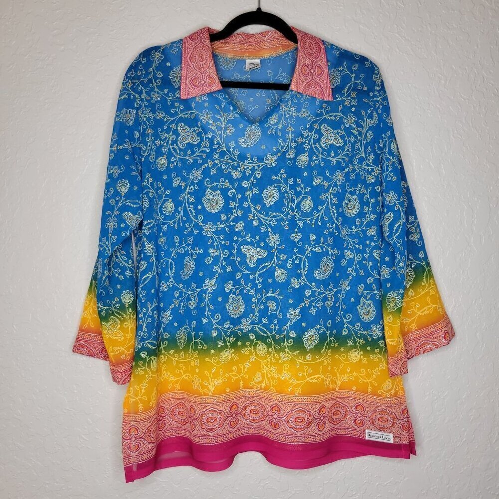 Designer Look Tunic Blue Yellow Vibrant Floral Semi Sheer V Neck Glitter Boho